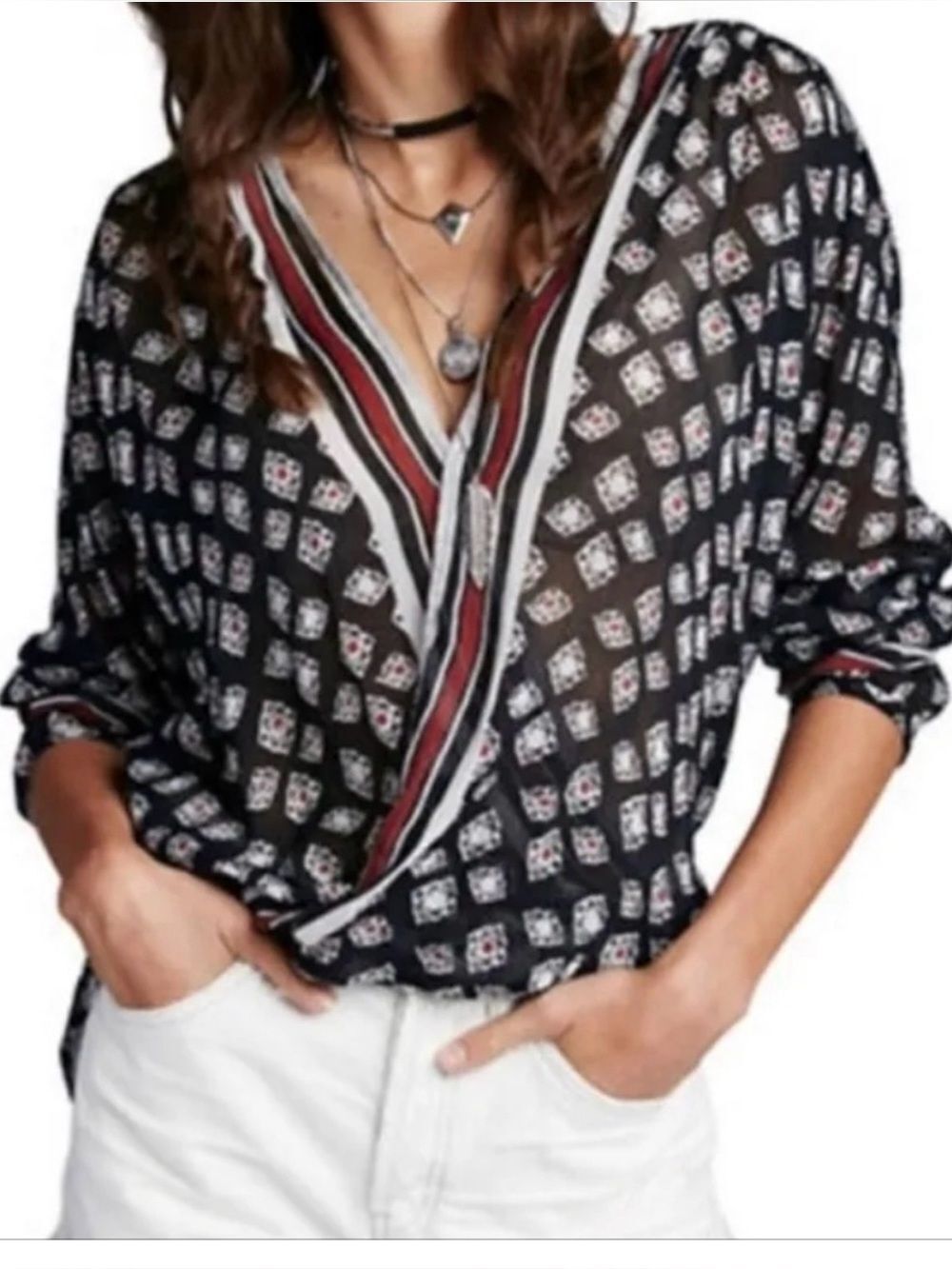 Free People "Before Dawn" Blouse Size Medium Geometric Pattern Wrap Front